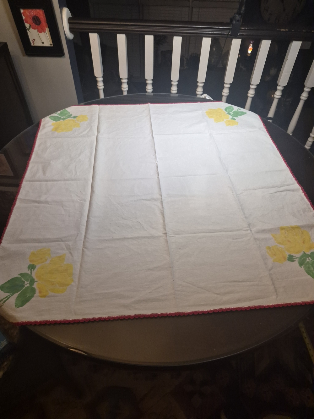White Tablecloth with Yellow Floral Corners and Red Trim